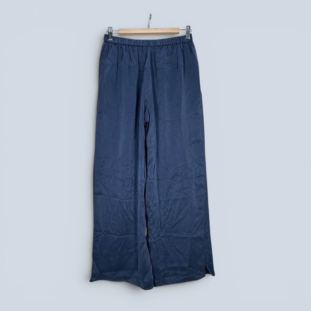 Quince Womens 100% Silk Wide Leg Pants Navy Blue Elastic Waist Side Slit Small